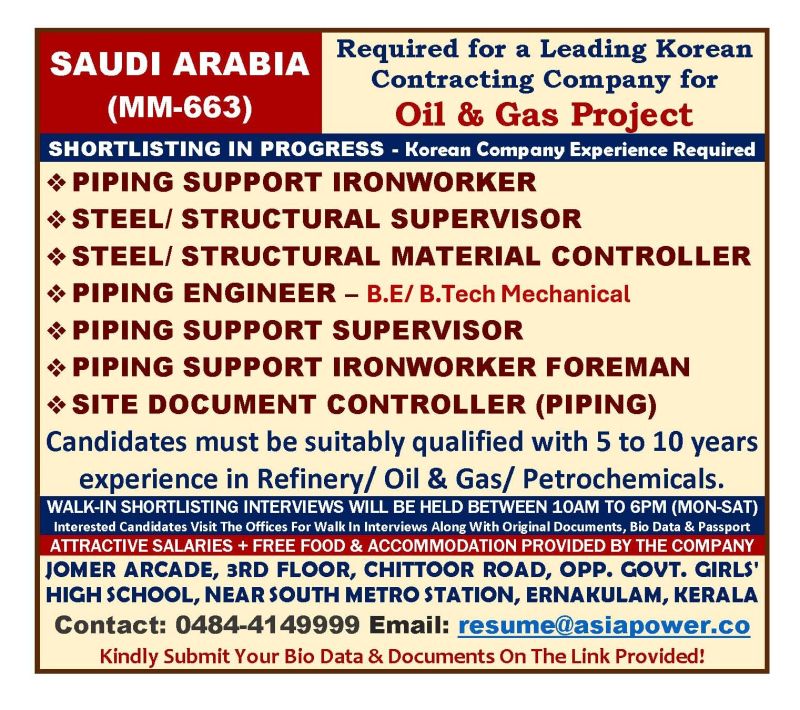Urgent Hiring for Saudi Arabia