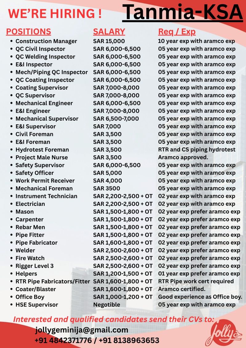 Urgent Hiring for Saudi Arabia