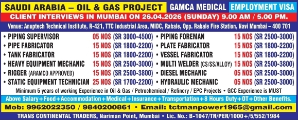 Urgent Hiring for Saudi Arabia