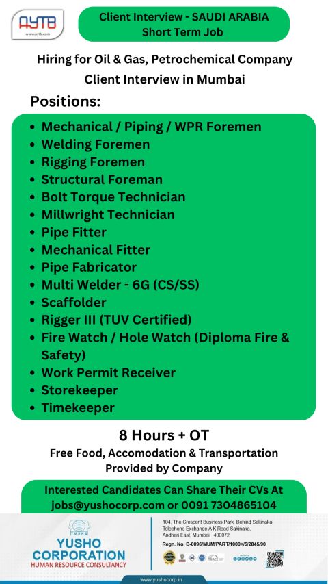 Urgent Hiring for Saudi Arabia