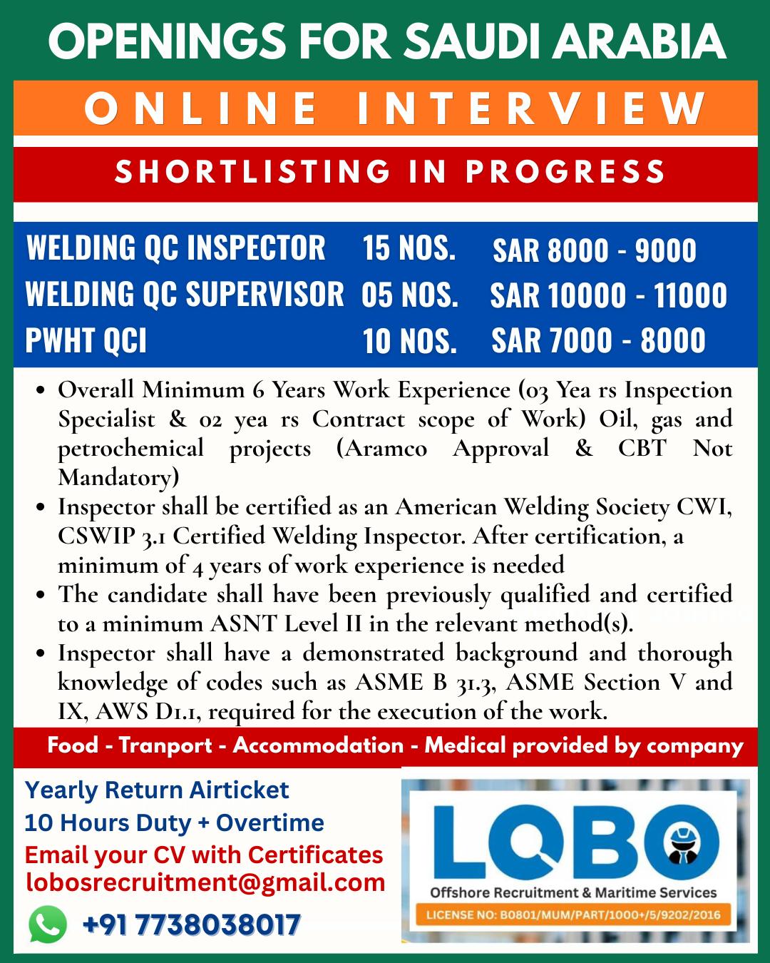 Urgent Hiring for Saudi Arabia