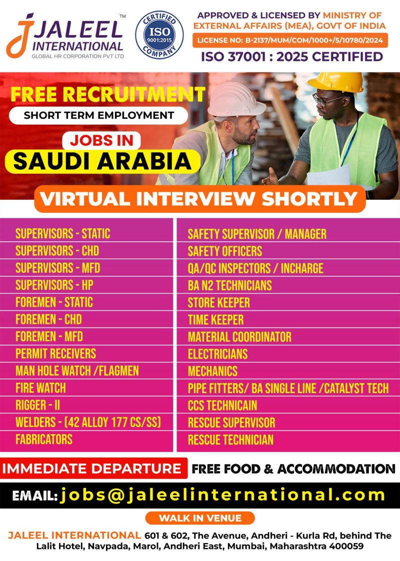 Urgent Hiring for Saudi Arabia
