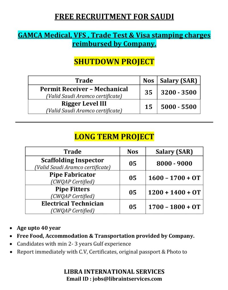 Urgent Hiring for Saudi Arabia