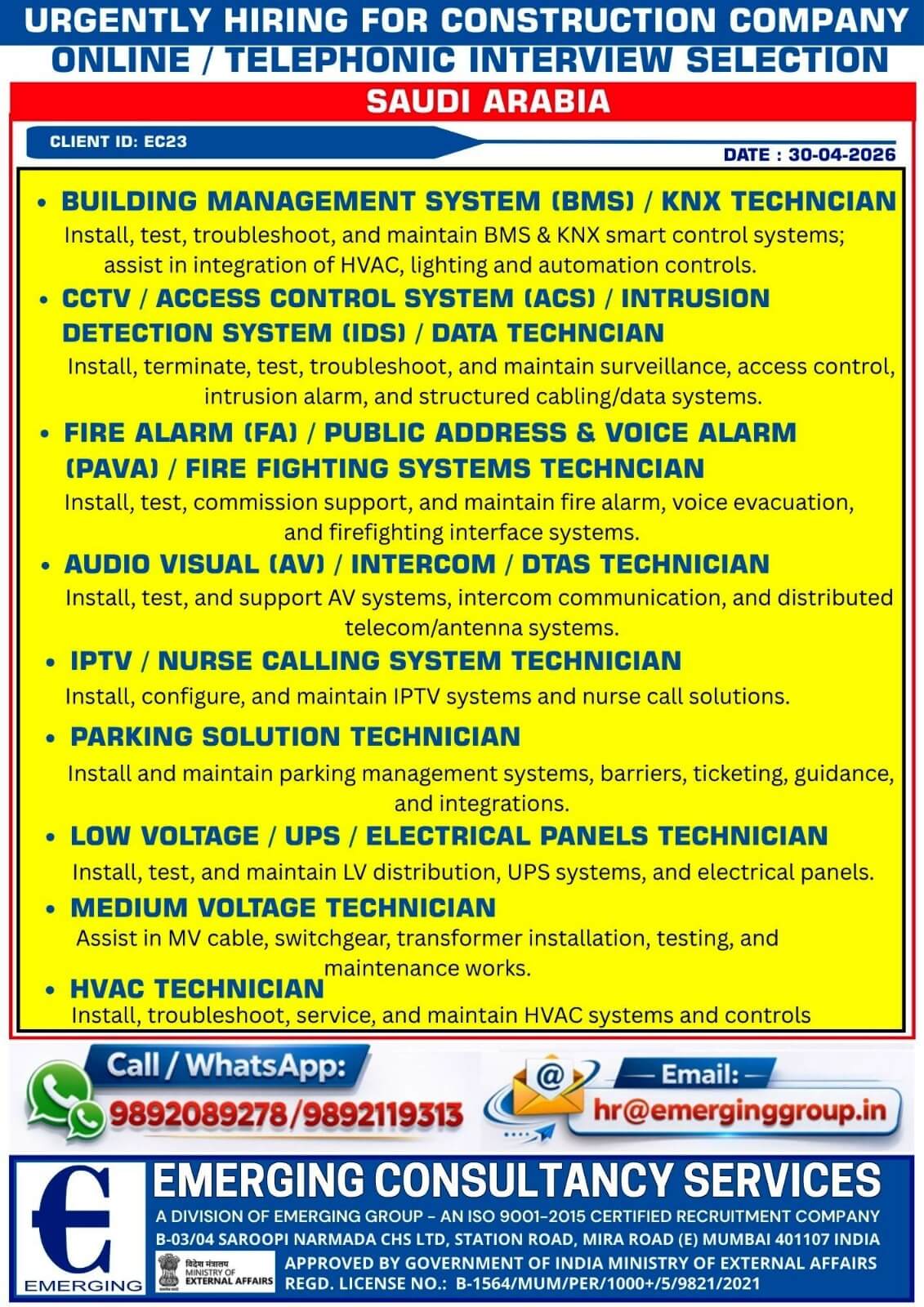 Urgent Hiring for Saudi Arabia