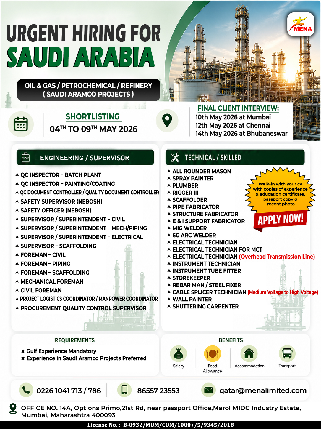 Urgent Hiring for Saudi Arabia