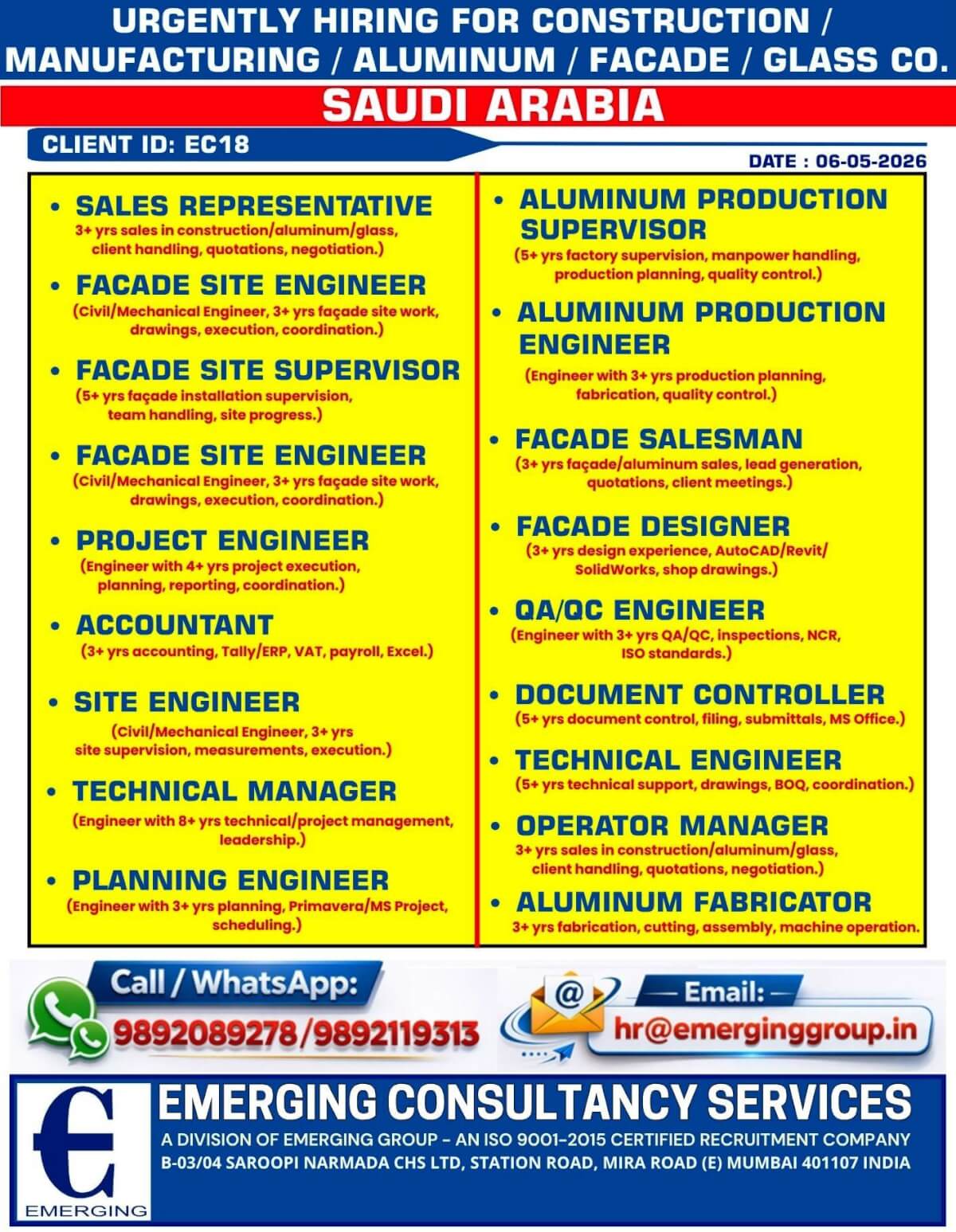 Urgent Hiring for Saudi Arabia