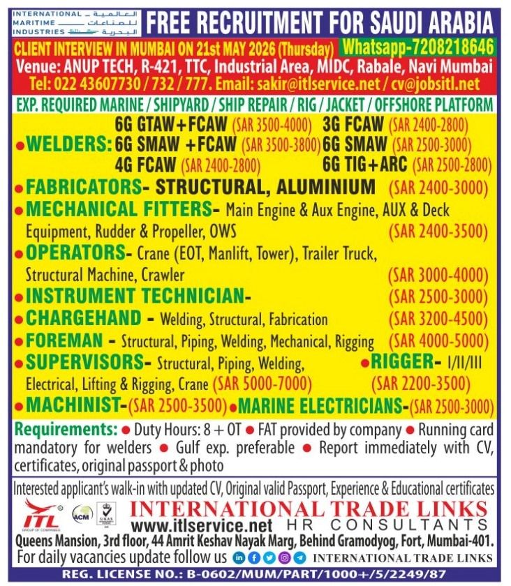 Urgent Hiring for Saudi Arabia