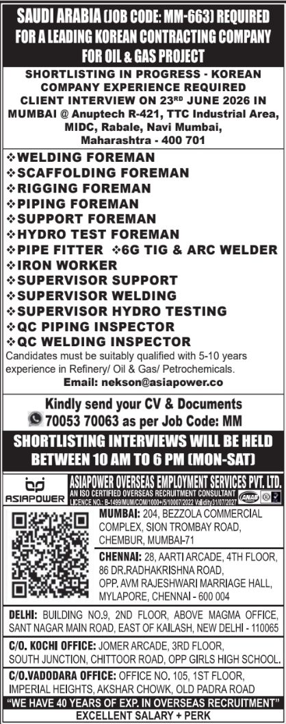 Urgent Hiring for Saudi Arabia