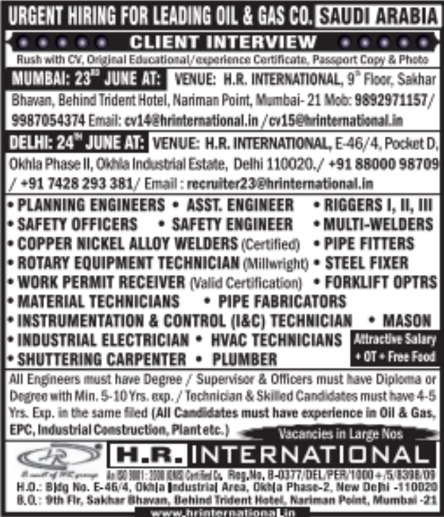 Urgent Hiring for Saudi Arabia