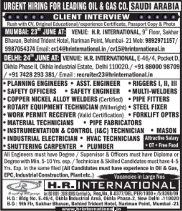 Urgent Hiring for Saudi Arabia