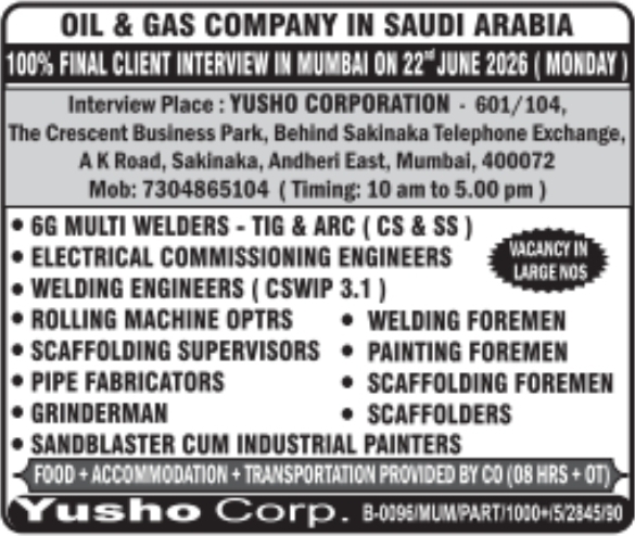 Urgent Hiring for Saudi Arabia