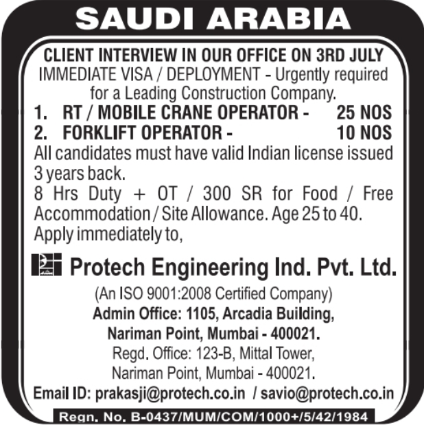 Urgent Hiring for Saudi Arabia