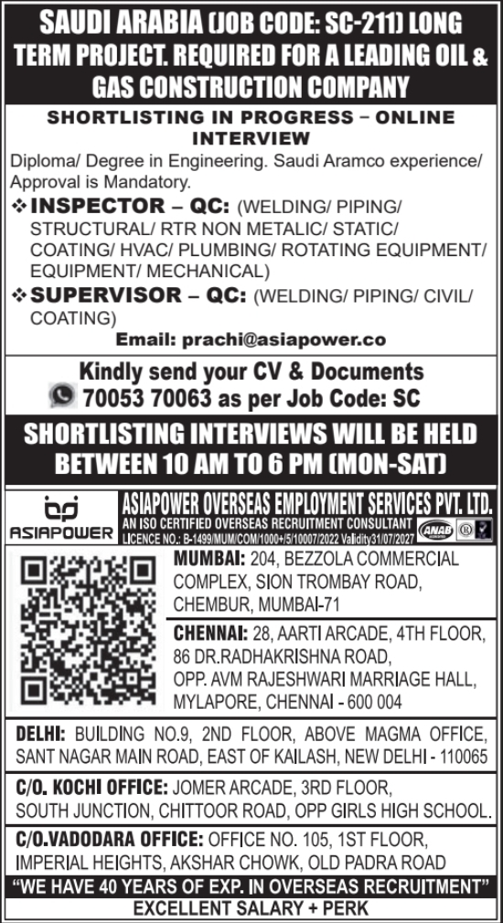 Urgent Hiring for Saudi Arabia