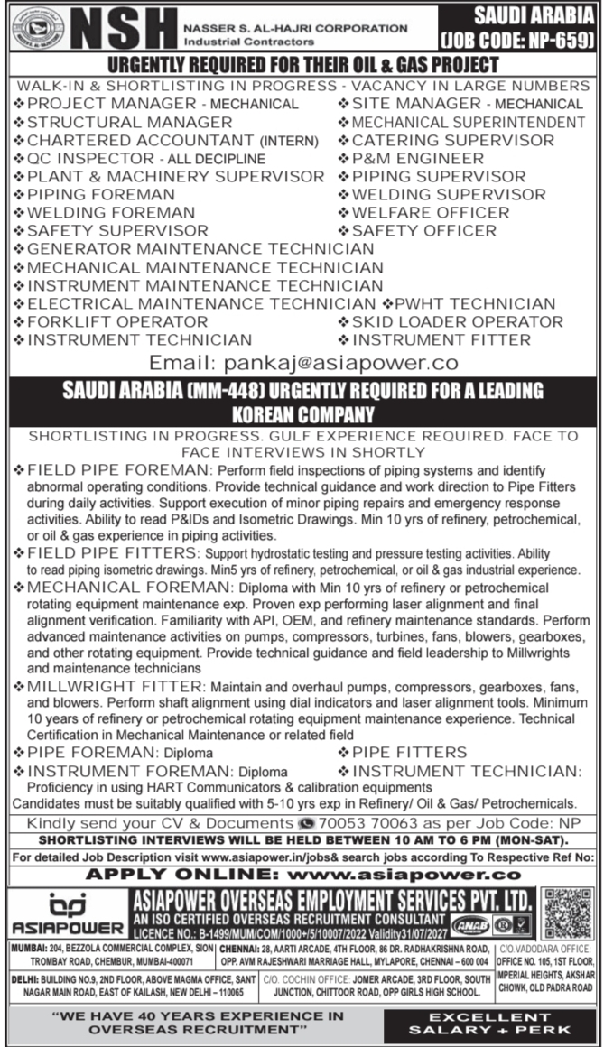 Urgent Hiring for Saudi Arabia