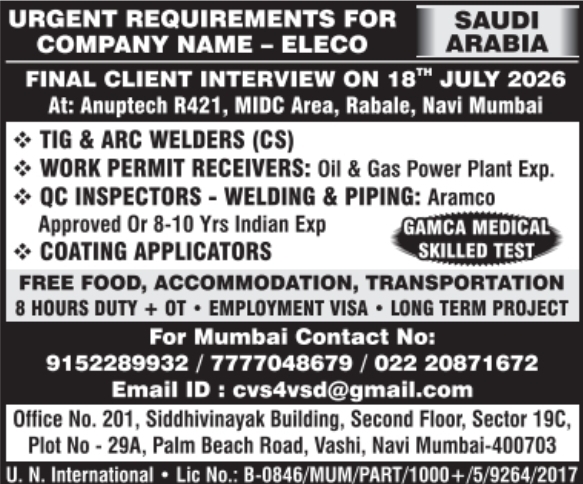 Urgent Hiring for Saudi Arabia