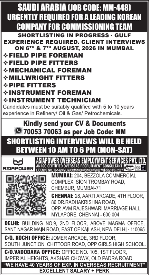 Urgent Hiring for Saudi Arabia