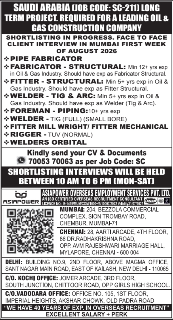 Urgent Hiring for Saudi Arabia