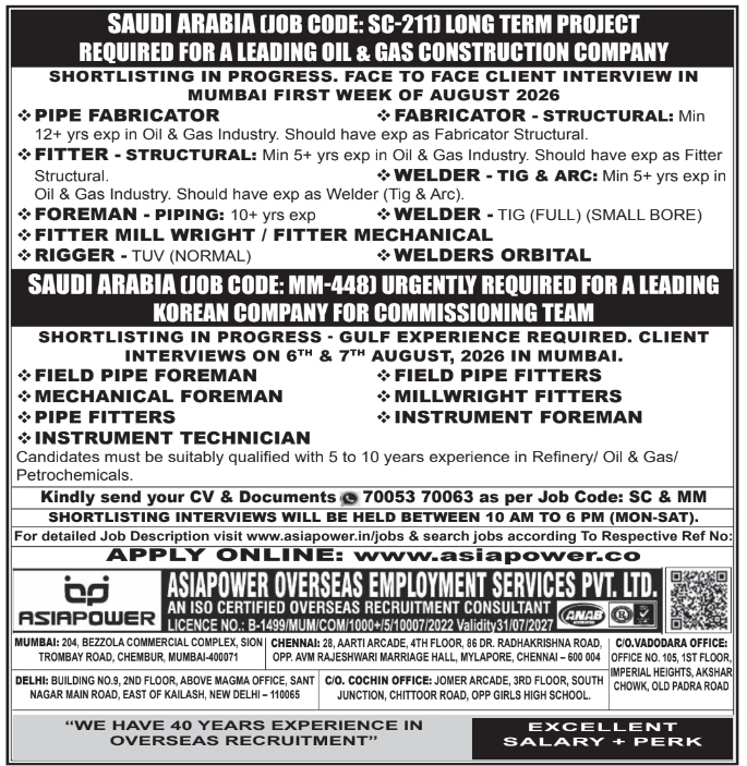 Urgent Hiring for Saudi Arabia