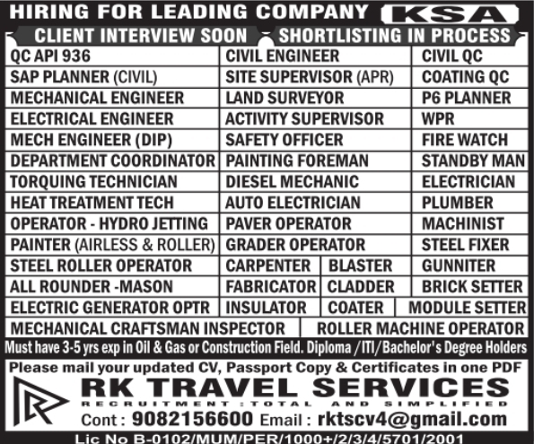 Urgent Hiring for Saudi Arabia