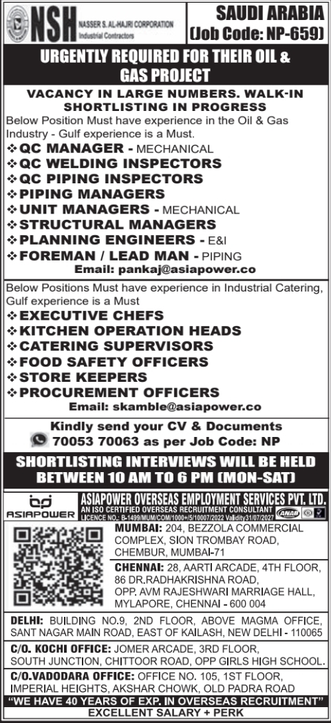 Urgent Hiring for Saudi Arabia