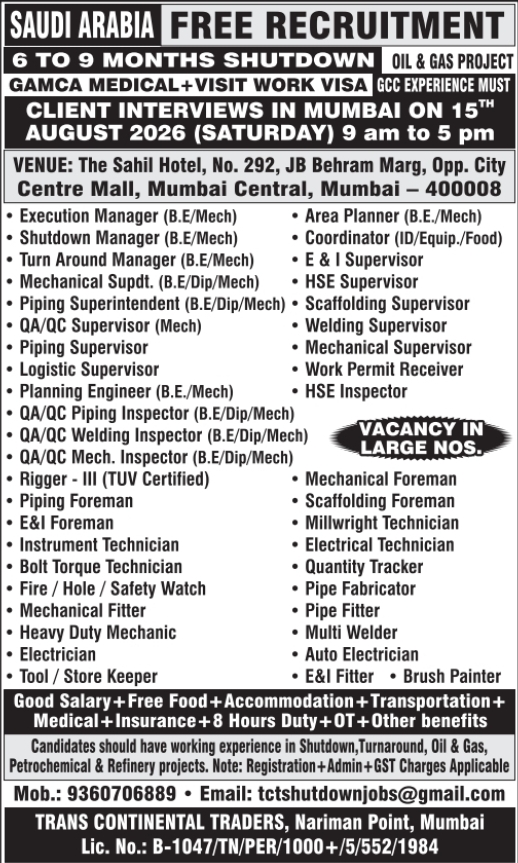 Urgent Hiring for Saudi Arabia