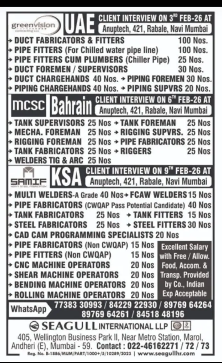 Urgent Hiring for UAE, Bahrain & KSA