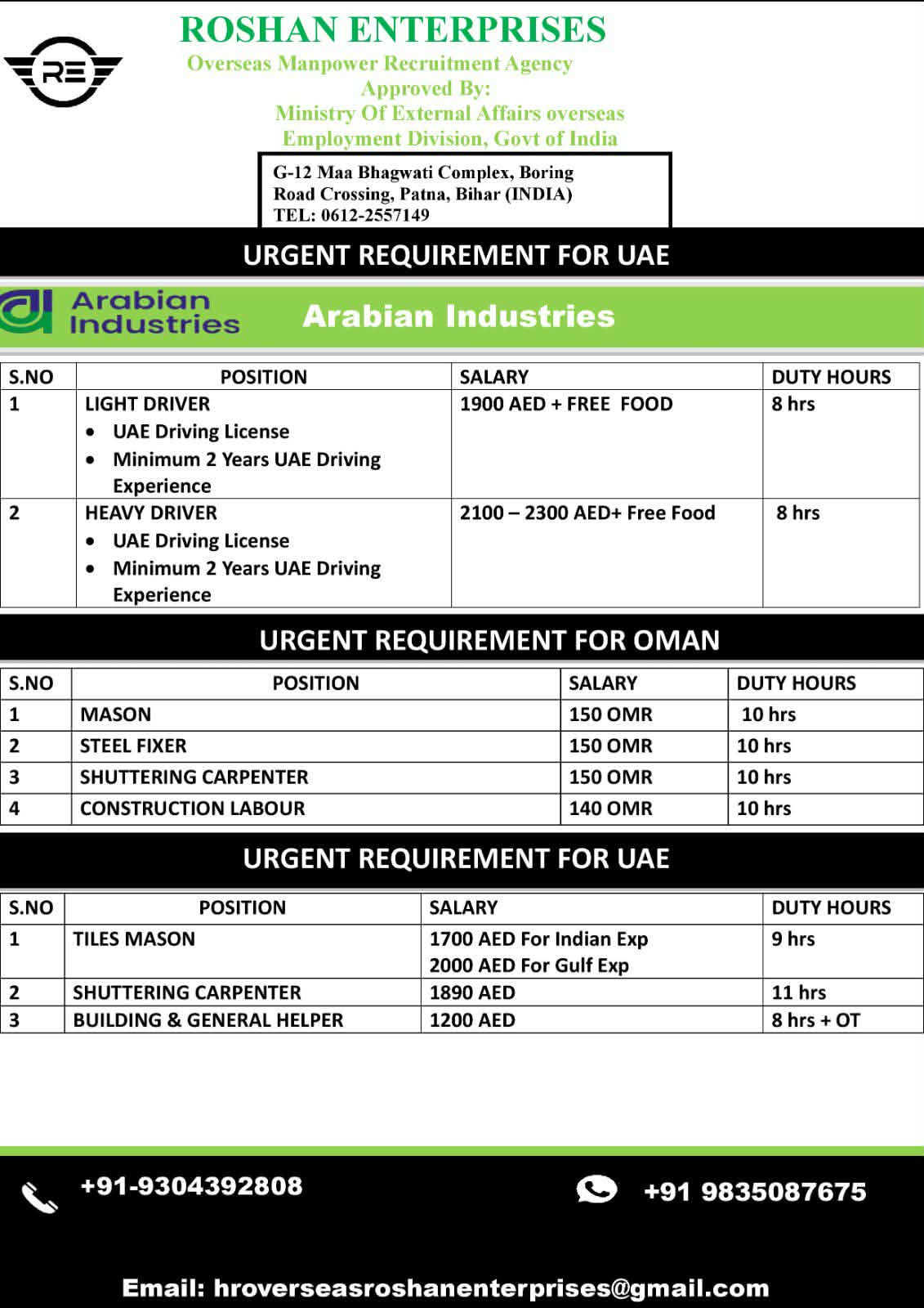 Urgent Hiring for UAE & Oman