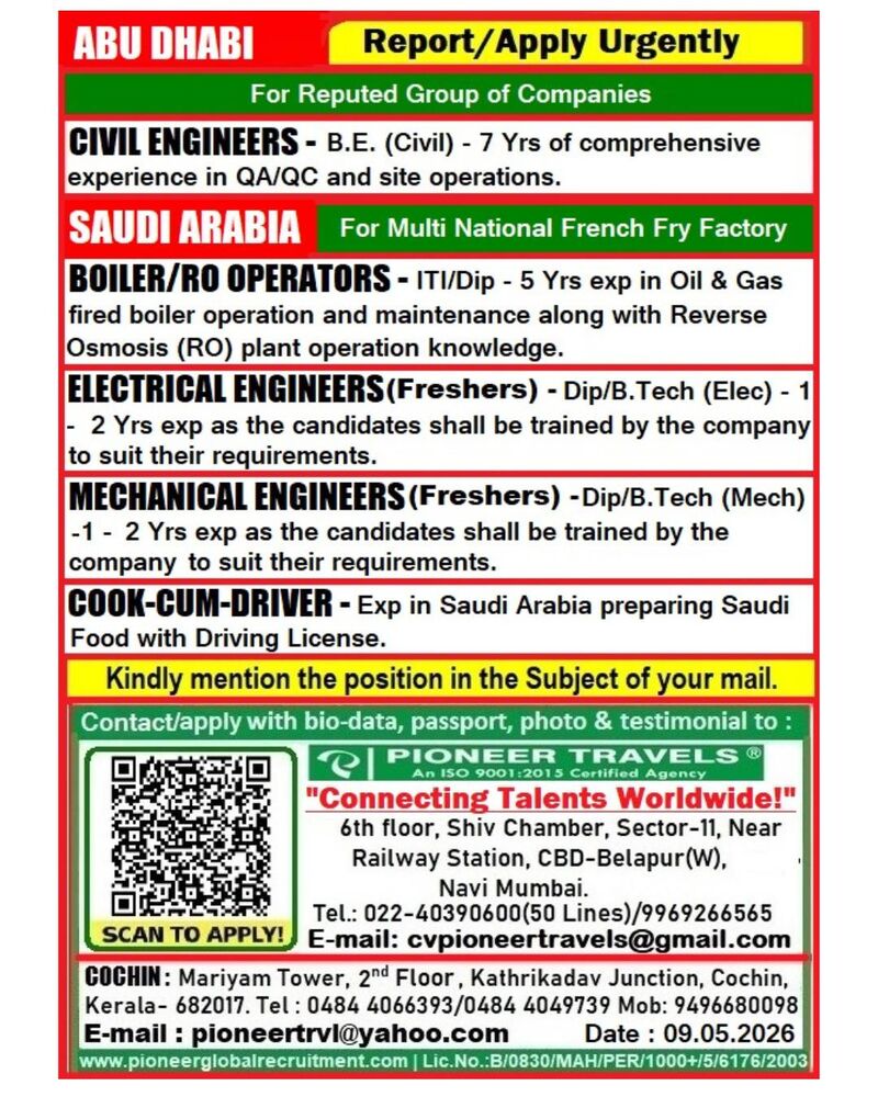 Urgent Hiring for UAE & Saudi Arabia