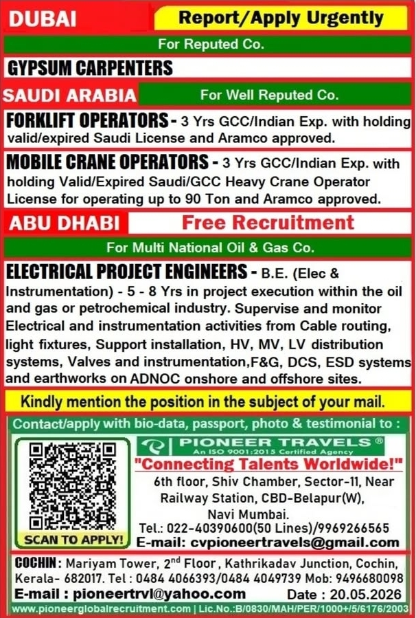 Urgent Hiring for UAE & Saudi Arabia