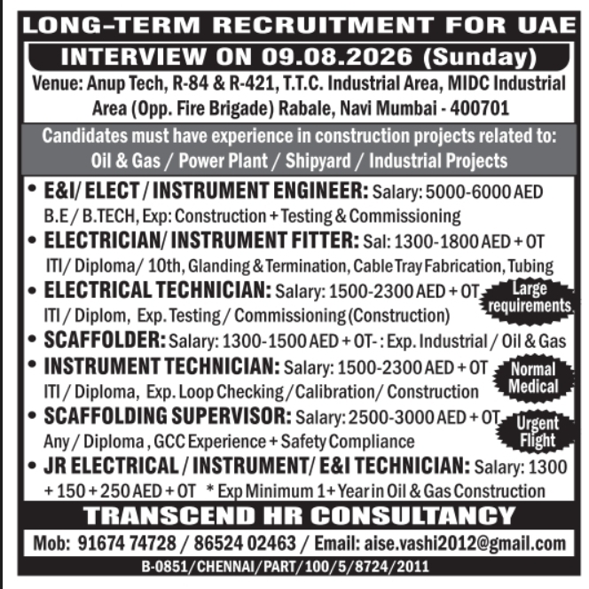 Urgent Hiring for UAE