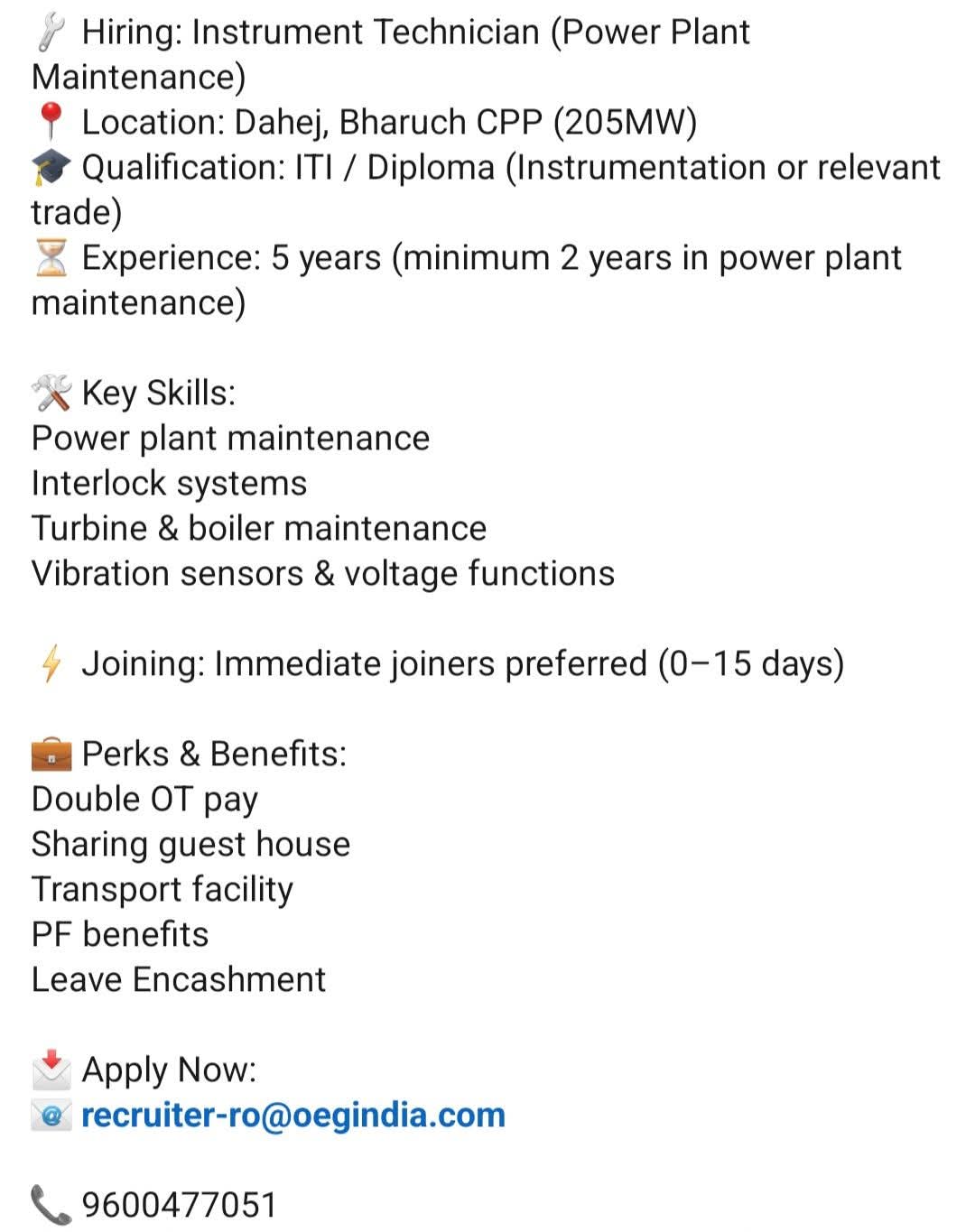 Urgent Hiring: Instrument Technician At Power Plant