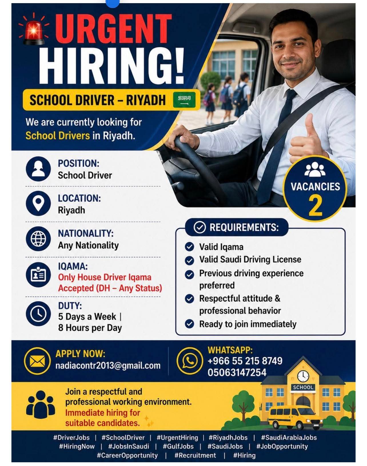 Urgent Hiring: School Drivers in Riyadh (2 Vacancies)