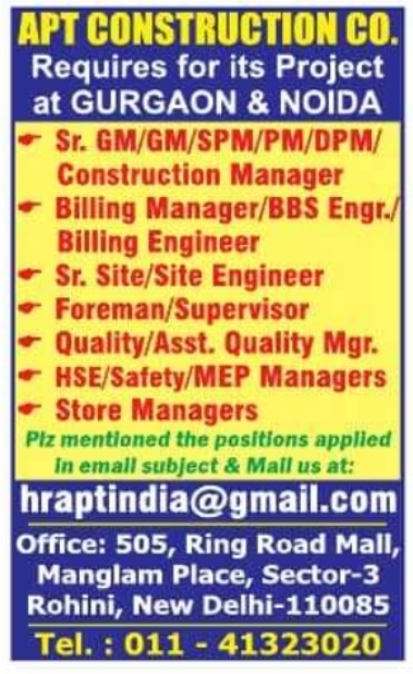 Urgent Requirement: Construction Managers & Site Engineers