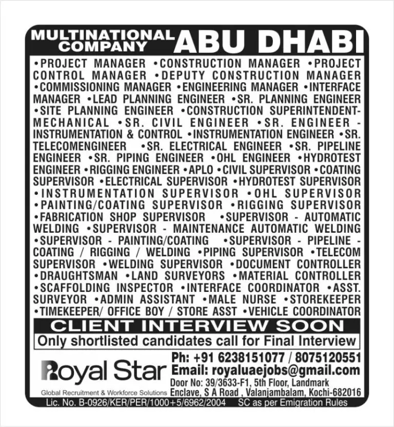 Urgent Requirement For Abu Dhabi