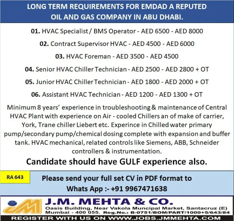 Urgent Requirement For Abu Dhabi