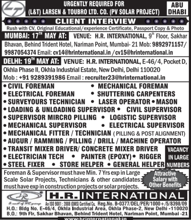 Urgent Requirement For Abu Dhabi