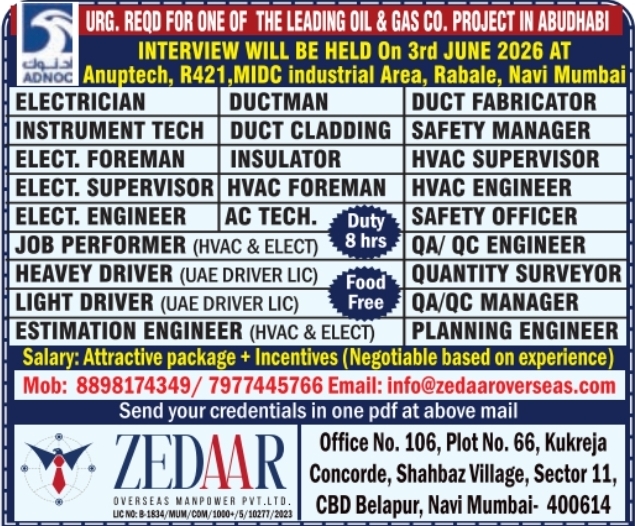 Urgent Requirement For Abu Dhabi