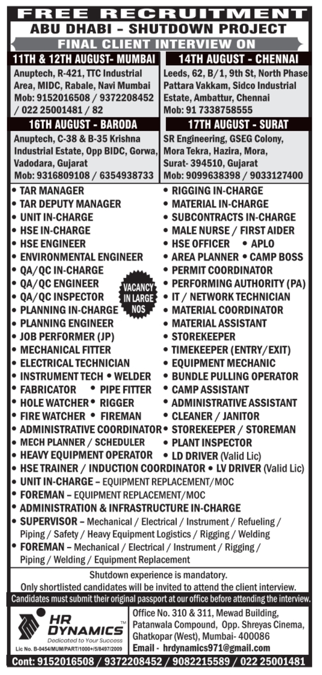Urgent Requirement For Abu Dhabi