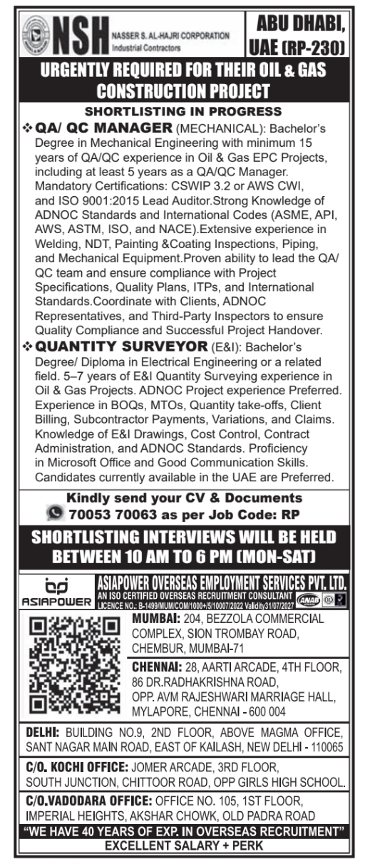 Urgent Requirement For Abu Dhabi