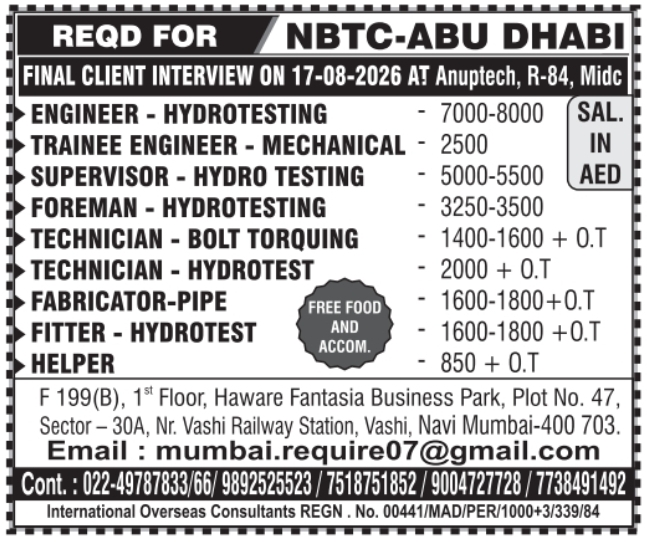Urgent Requirement For Abu Dhabi