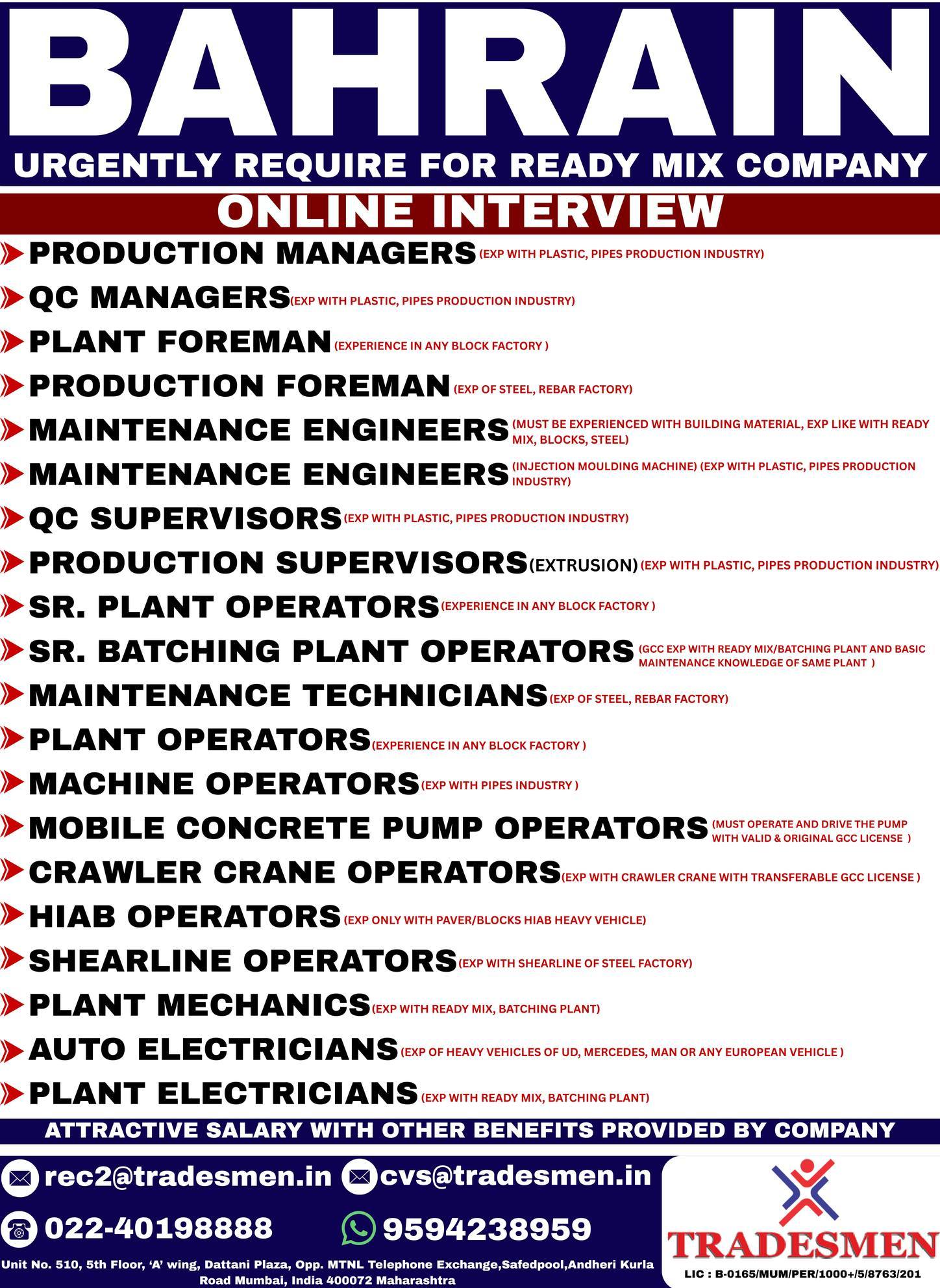 Urgent Requirement For Bahrain