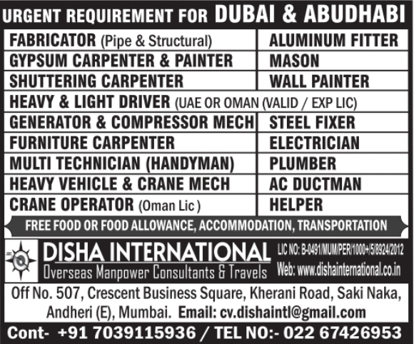 Urgent Requirement For Dubai & Abu Dhabi