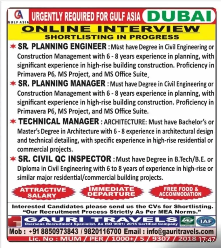 Urgent Requirement For Dubai