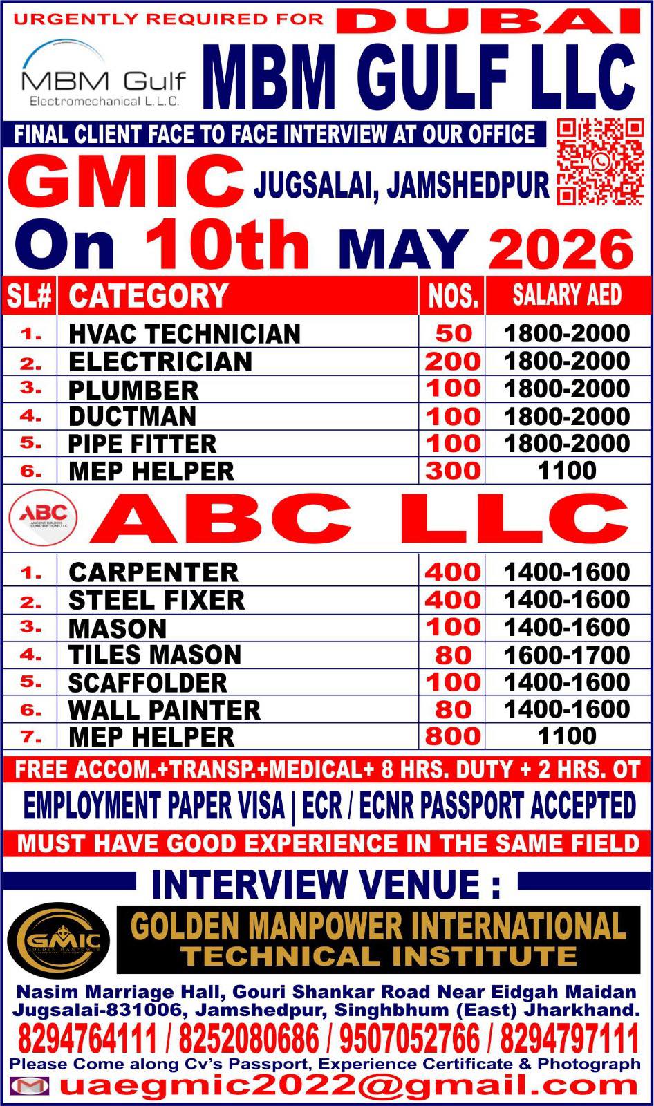 Urgent Requirement For Dubai