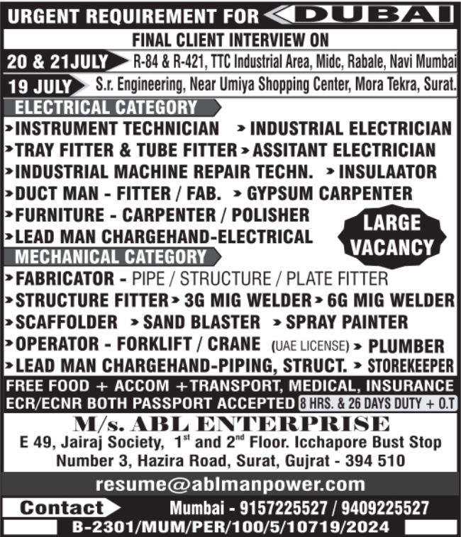 Urgent Requirement For Dubai