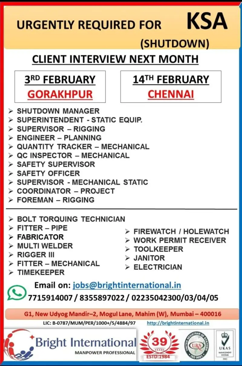 Urgent Requirement For KSA