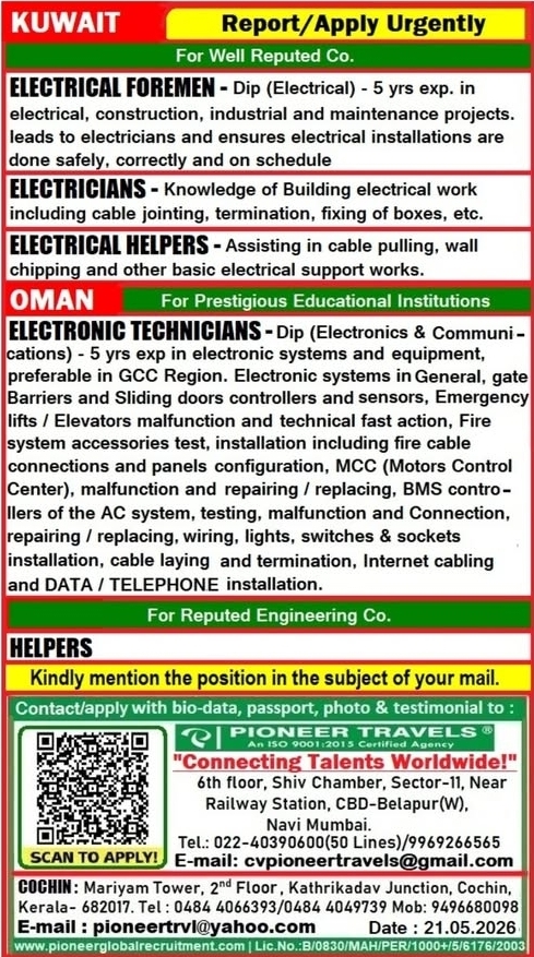 Urgent Requirement For Kuwait/ Oman