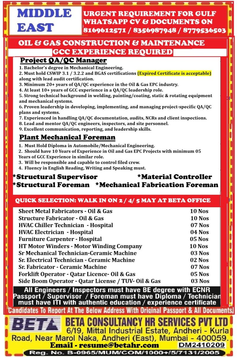 Urgent Requirement For Middle East