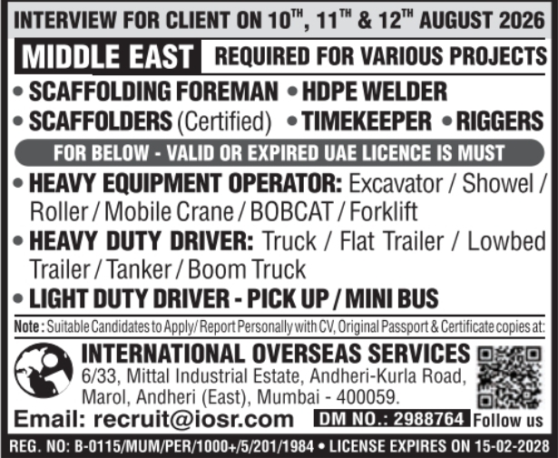 Urgent Requirement For Middle East