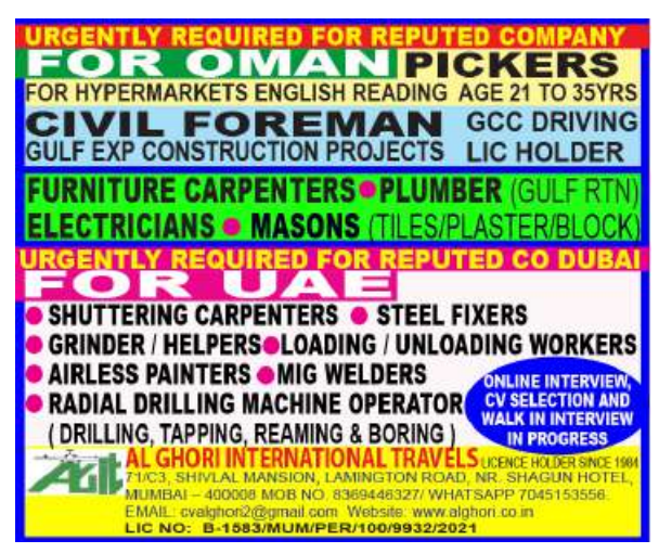 Urgent Requirement For Oman & UAE